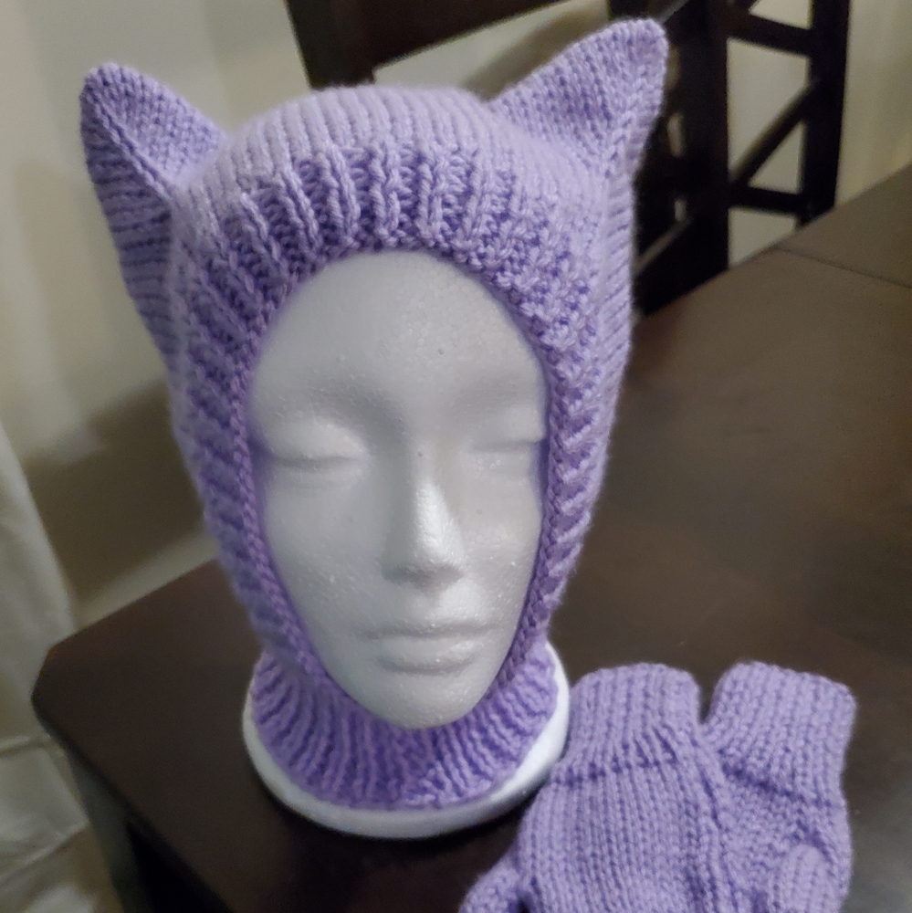 Handmade Knit Kitty Hat & Mittens Set